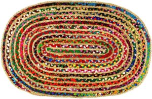 COTTON CRAFT Jute Chindi Braid Rag Rug - 2x3 Ft Oval Multi Color Area Rug | Handwoven Reversible Jute & Natural Recycled Cotton Boho Farmhouse Rustic Area Accent Rug - Living Room Carpet Home Décor